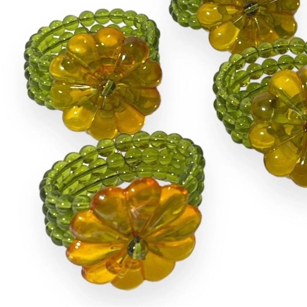 Glass Bead with Flower‎ Daisy Napkin Ring Lot of 5 Orange Green Boho Tablescape